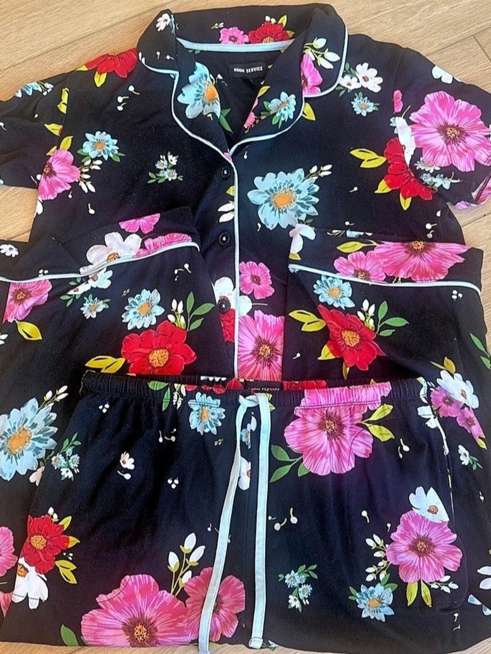 Room Service Women's Black Floral Pajama Set Floral Pajama Set in Black & Pink